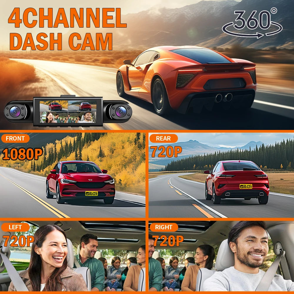 4 Channel Dash Cam 360° Car Video Recorder Black Box with Night Vision 24/7 Parking Monitor G-Sensor Loop Recording Auto Parts